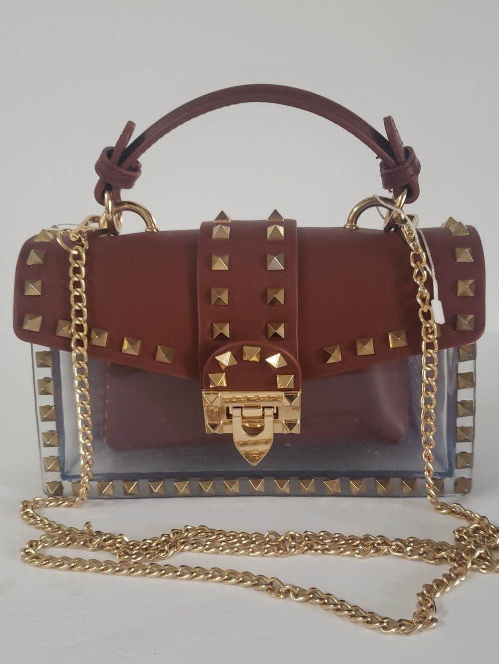 Most Wanted NWOT Cognac Brown/Clear Gold Studded Crossbody Handbag